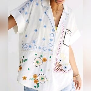 Go Fish Women's Embroidered Button-down XL Top Lace Trim